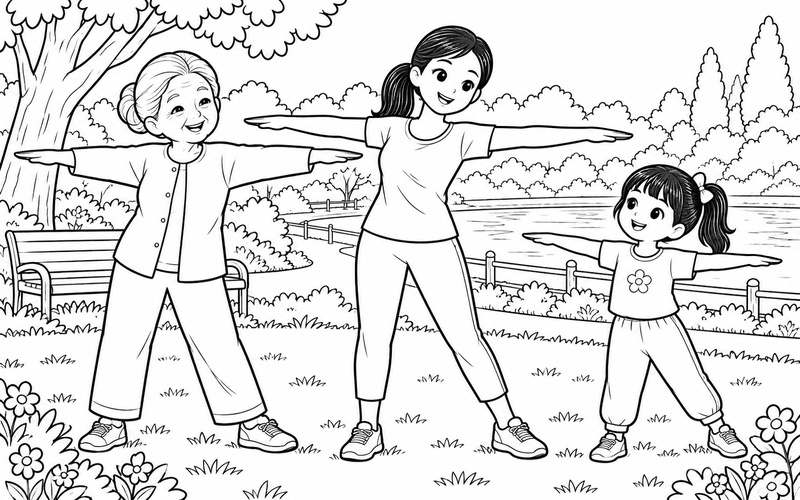 Tranh tô màu gia đình tập thể dục: ba thế hệ cùng dang tay khởi động trong công viên