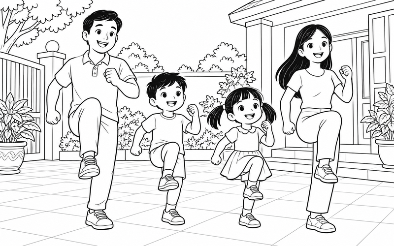 Tranh tô màu gia đình tập thể dục: gia đình nâng gối tại chỗ ở sân nhà