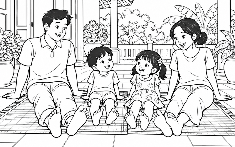 Tranh tô màu gia đình tập thể dục: bố mẹ và hai bé ngồi giãn chân trên thảm ngoài hiên