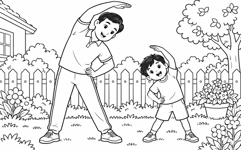 Tranh tô màu gia đình tập thể dục: bố và con trai nghiêng người giãn cơ bên hàng rào