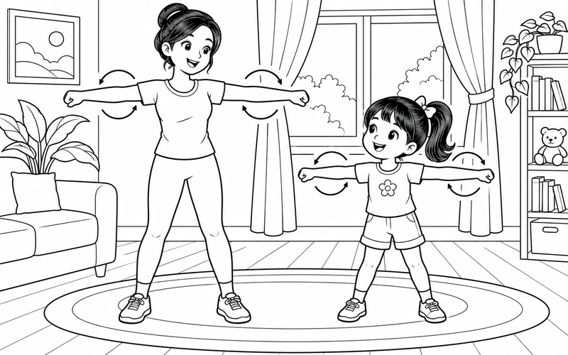 Tranh tô màu gia đình tập thể dục: mẹ và con gái xoay tay khởi động trên thảm tròn