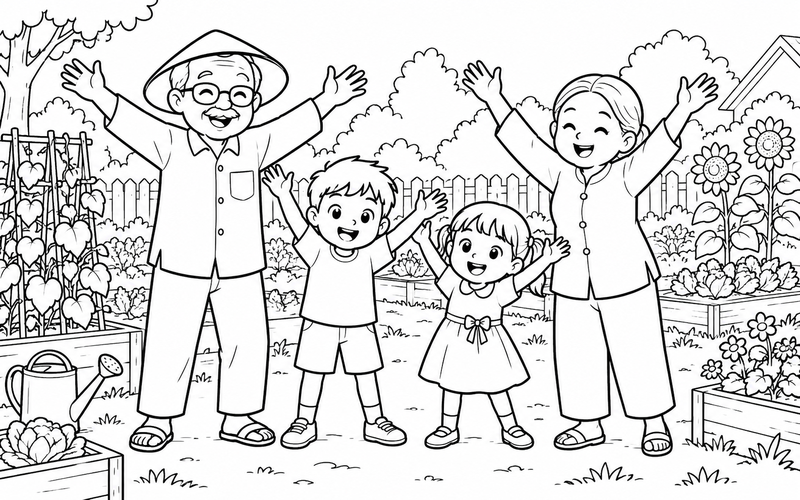 Tranh tô màu gia đình tập thể dục: ông bà và hai cháu vươn vai ở vườn cộng đồng