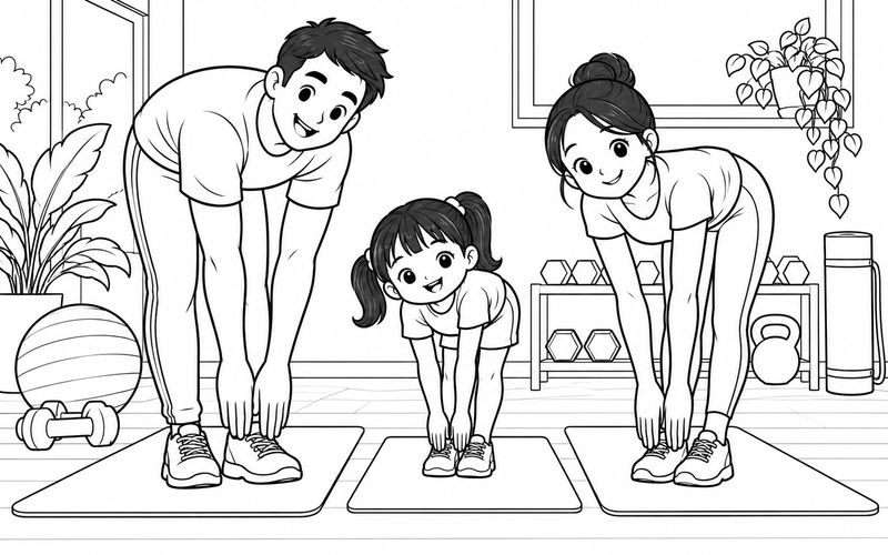 Tranh tô màu gia đình tập thể dục: gia đình ba người giãn cơ đứng trong phòng tập tại nhà