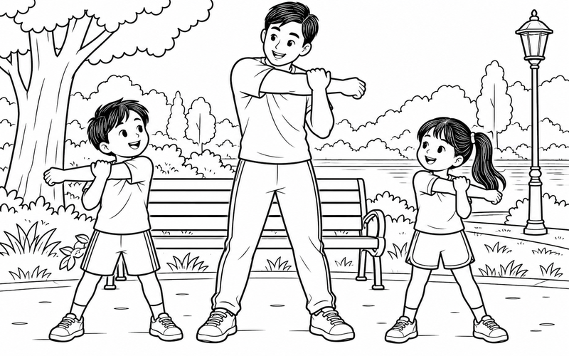 Tranh tô màu gia đình tập thể dục: bố và hai con khởi động vai cạnh ghế công viên