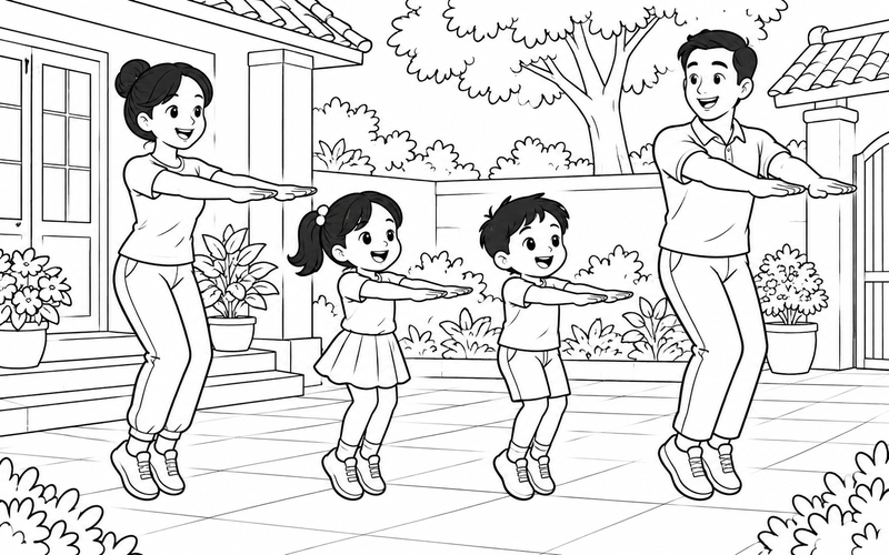 Tranh tô màu gia đình tập thể dục: cả nhà nhón gót nhẹ và đưa tay về phía trước
