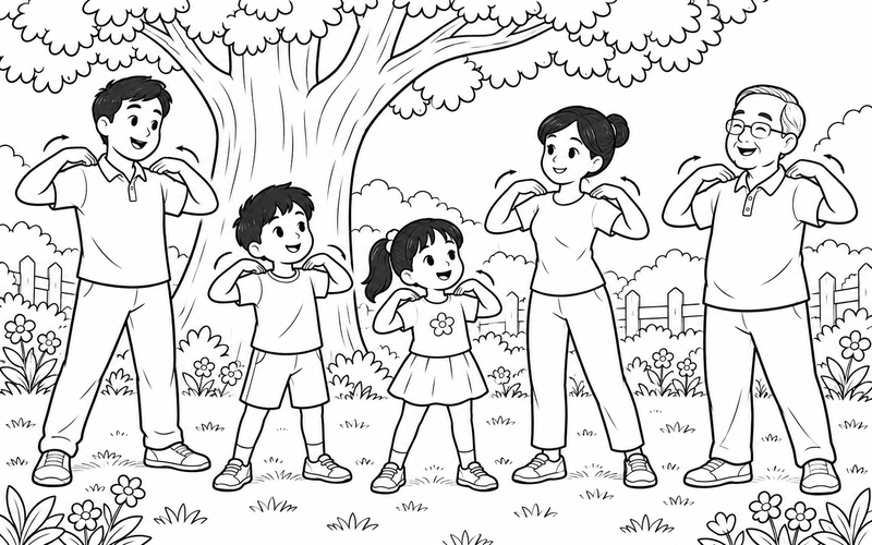 Tranh tô màu gia đình tập thể dục: gia đình đứng thành nửa vòng tròn khởi động vai dưới cây