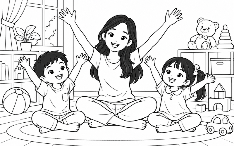 Tranh tô màu gia đình tập thể dục: mẹ và hai bé ngồi xếp bằng vươn tay trong phòng chơi