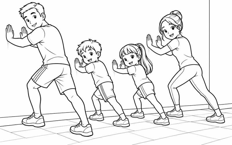 Tranh tô màu gia đình tập thể dục: bố mẹ hướng dẫn hai bé giãn bắp chân cạnh tường