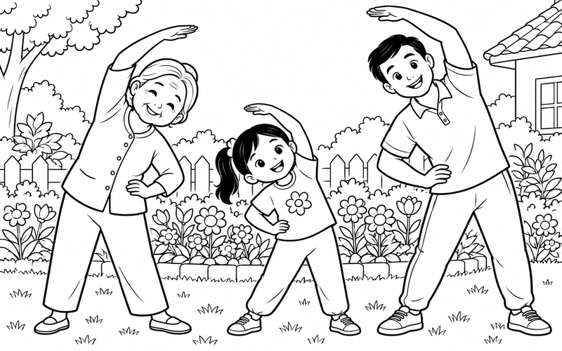 Tranh tô màu gia đình tập thể dục: bà, bố và bé gái nghiêng người cạnh bồn hoa