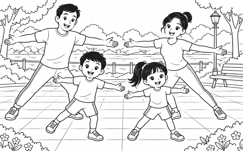 Tranh tô màu gia đình tập thể dục: cả nhà bước sang ngang và dang tay trên sân tập