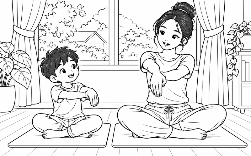 Tranh tô màu gia đình tập thể dục: mẹ và con trai khởi động cổ tay bên cửa sổ