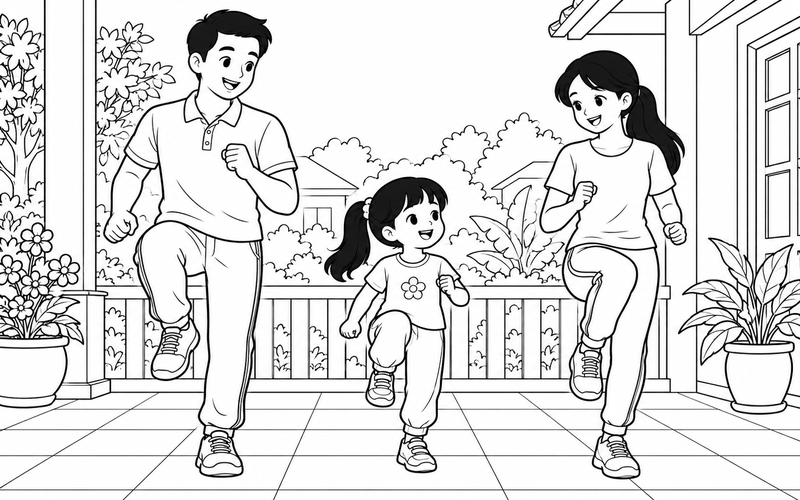Tranh tô màu gia đình tập thể dục: gia đình khởi động bằng bước nhỏ ngoài hiên
