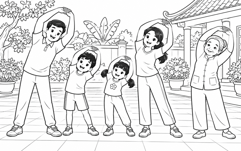 Tranh tô màu gia đình tập thể dục: gia đình năm người cùng vươn cao ở sân rộng