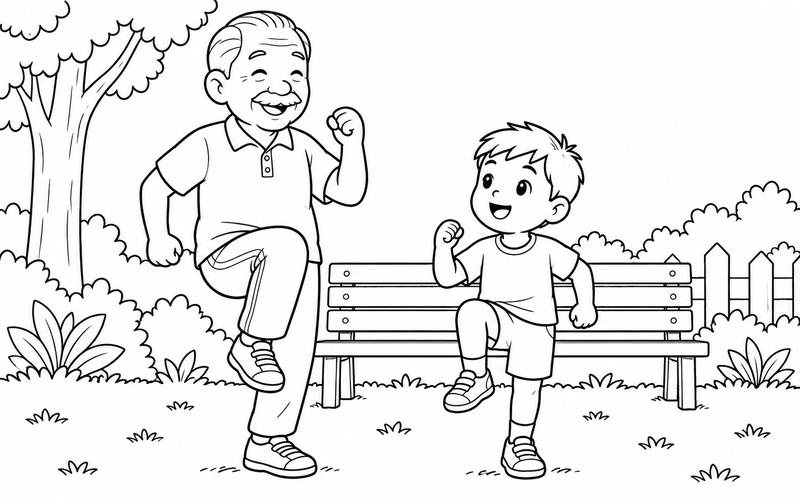 Tranh tô màu gia đình tập thể dục: ông và cháu nâng gối chậm cạnh ghế gỗ