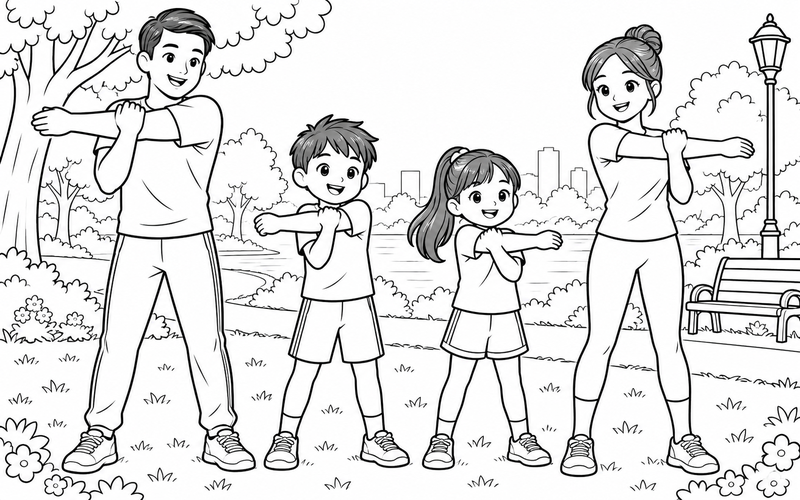 Tranh tô màu gia đình tập thể dục: cả nhà giãn cánh tay ngang ngực trong công viên