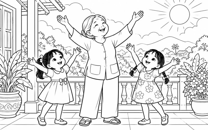 Tranh tô màu gia đình tập thể dục: bà và hai cháu gái vươn tay ngoài hiên nhà