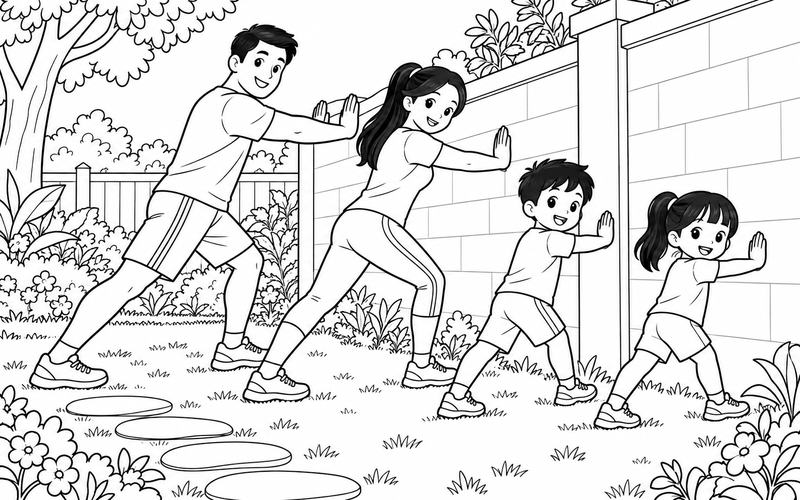 Tranh tô màu gia đình tập thể dục: gia đình giãn bắp chân nhẹ bên tường vườn