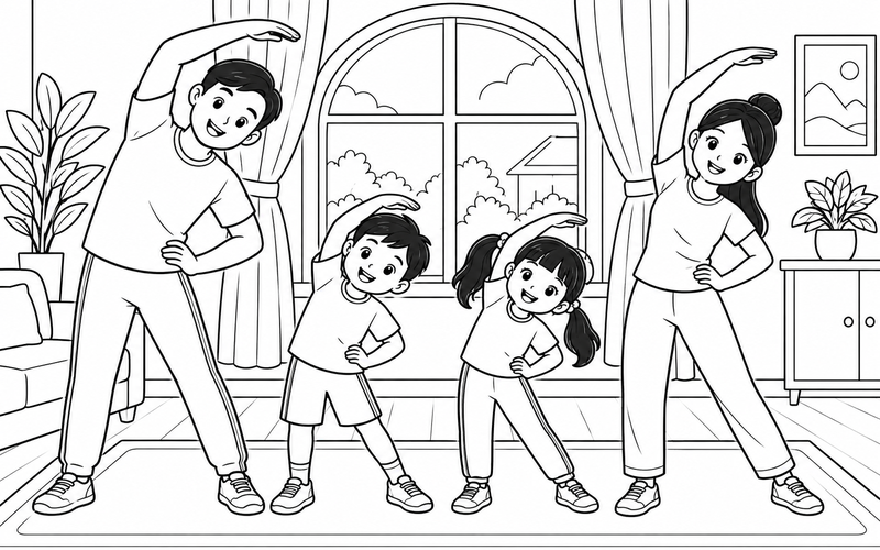 Tranh tô màu gia đình tập thể dục: cả nhà nghiêng người trước cửa sổ vòm