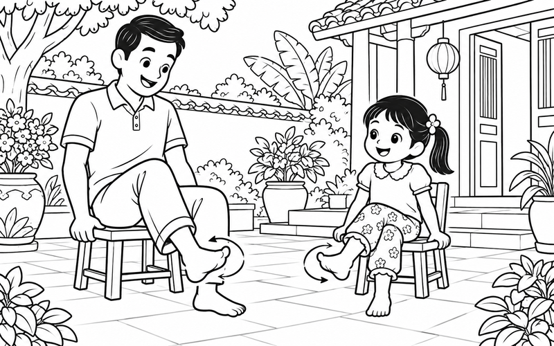 Tranh tô màu gia đình tập thể dục: bố và con gái xoay cổ chân khi ngồi ghế thấp