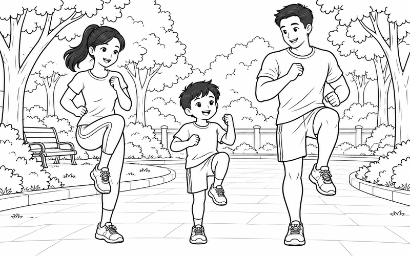 Tranh tô màu gia đình tập thể dục: gia đình nâng gối ở khu tập có hàng cây