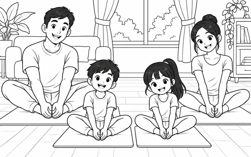 Tranh tô màu gia đình tập thể dục: cả nhà ngồi trên thảm tập giãn chân hình cánh bướm