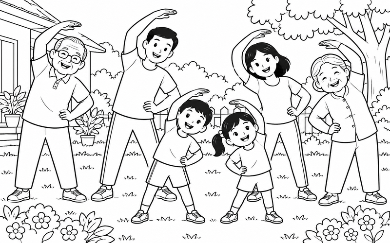 Tranh tô màu gia đình tập thể dục: ba thế hệ cùng vươn vai kết thúc buổi tập