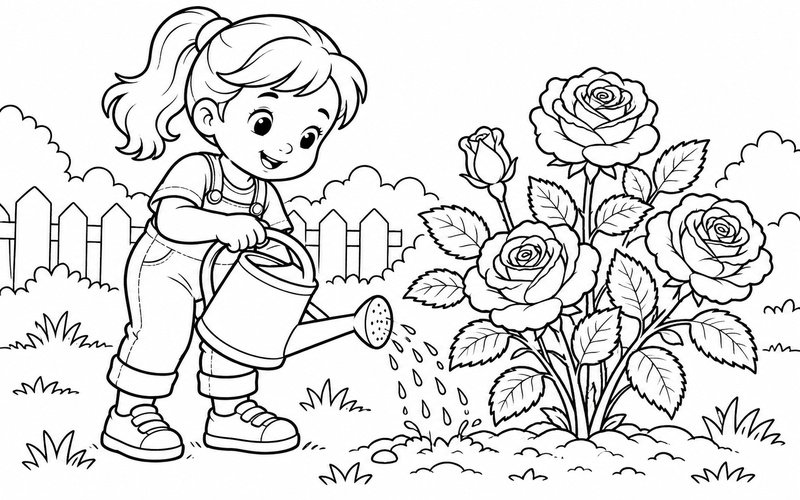 Tranh tô màu bạn nhỏ tưới bụi hoa hồng trong vườn