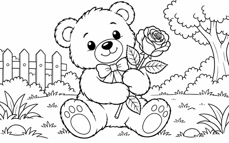 Tranh tô màu gấu bông ôm một cành hoa hồng