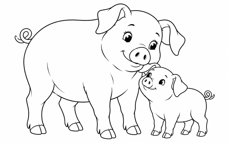 Tranh tô màu con lợn: lợn mẹ và lợn con bên nhau