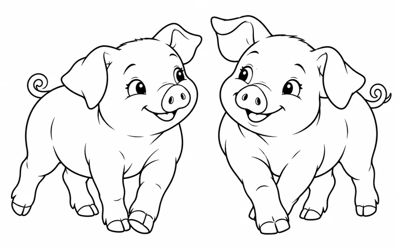 Tranh tô màu con lợn: hai chú lợn con đi cạnh nhau