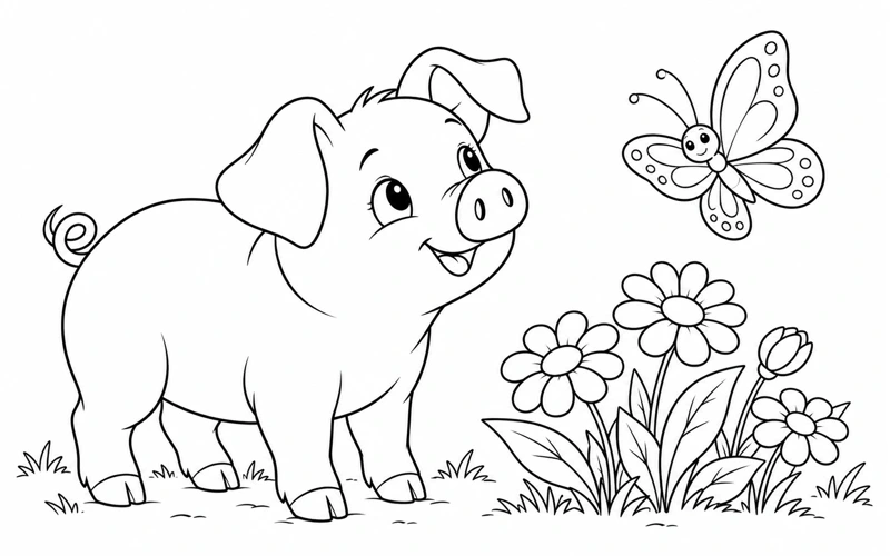 Tranh tô màu con lợn: ngắm bướm bên khóm hoa
