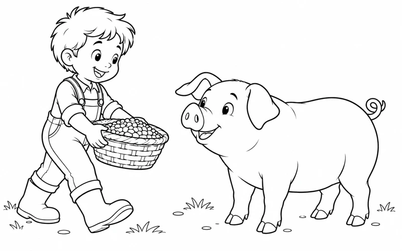 Tranh tô màu con lợn: bạn nhỏ mang thức ăn tới