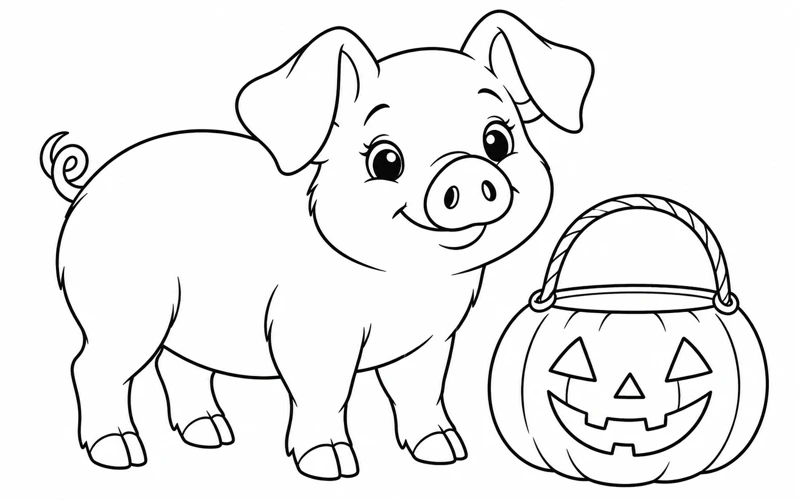 Tranh tô màu con lợn: bên chiếc giỏ bí ngô halloween