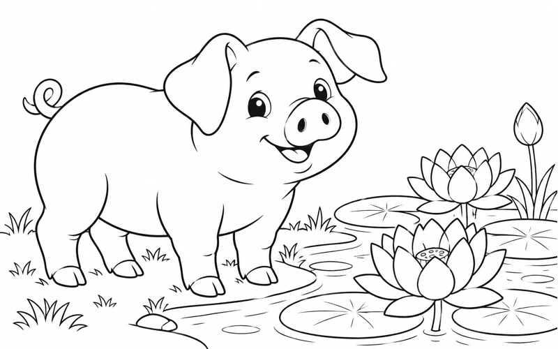 Tranh tô màu con lợn: bên ao sen