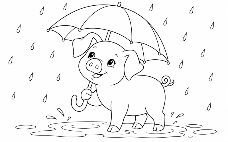 Tranh tô màu con lợn: trú mưa dưới ô