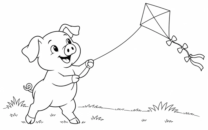 Tranh tô màu con lợn: thả diều trên đồng cỏ