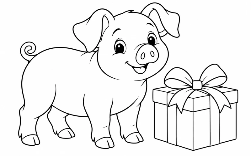 Tranh tô màu con lợn: bên hộp quà thắt nơ