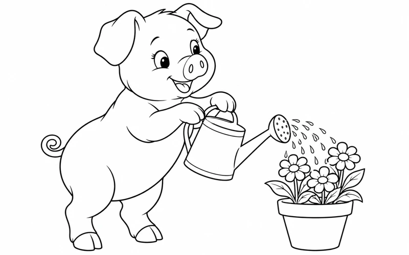 Tranh tô màu con lợn: tưới chậu hoa nhỏ