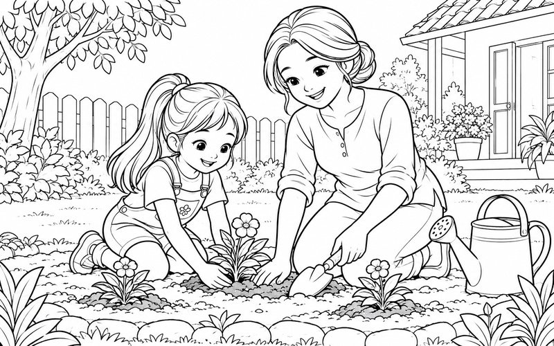 Tranh tô màu mẹ và con gái cùng trồng hoa trong vườn nhà