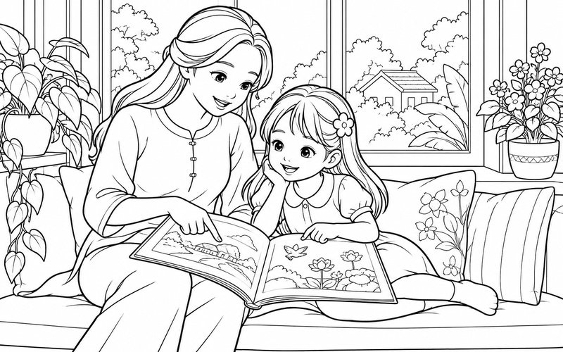 Tranh tô màu mẹ và con gái đọc sách bên cửa sổ