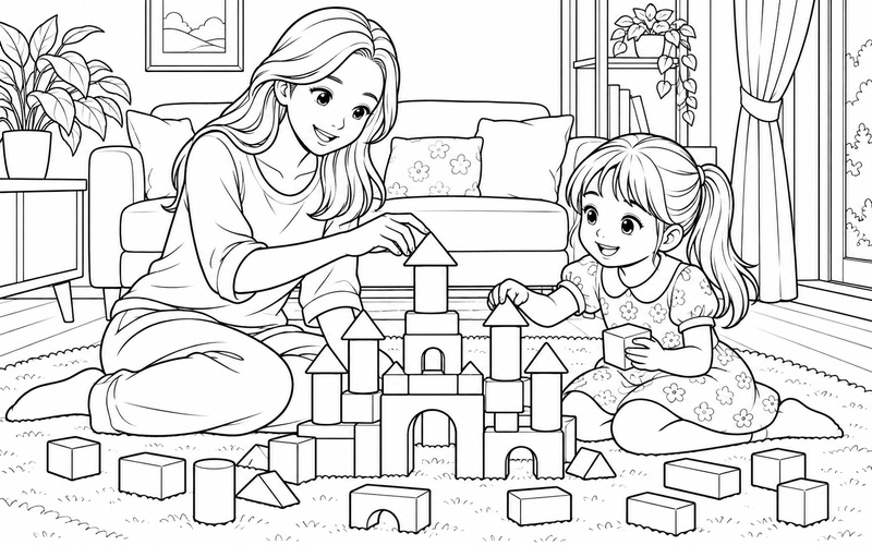 Tranh tô màu mẹ và con gái chơi xếp hình trên thảm