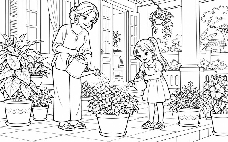 Tranh tô màu mẹ và con gái tưới cây trên sân hiên