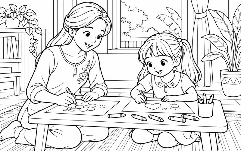 Tranh tô màu mẹ và con gái vẽ tranh tại bàn nhỏ