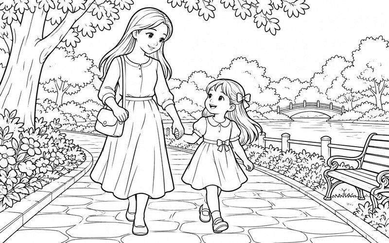 Tranh tô màu mẹ và con gái dạo bước dưới hàng cây