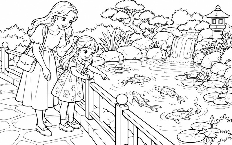 Tranh tô màu mẹ và con gái ngồi ngắm cá trong hồ