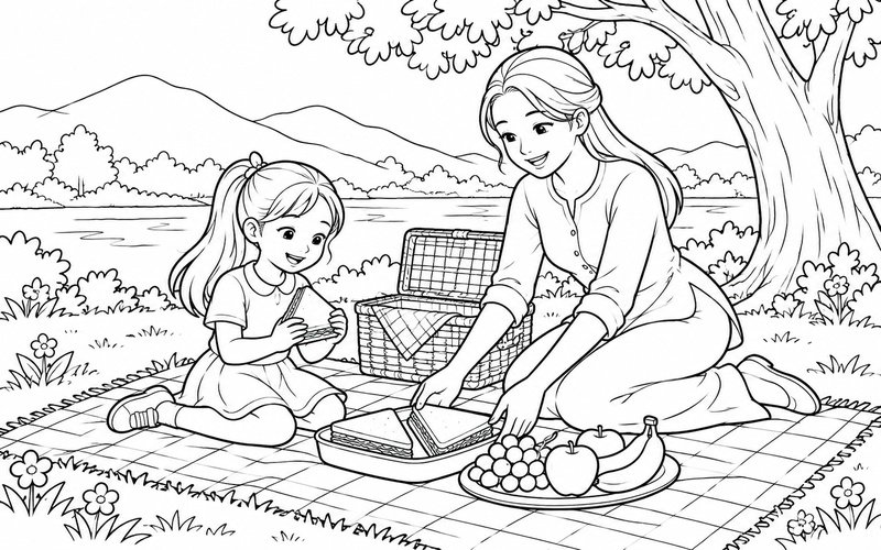 Tranh tô màu mẹ và con gái chuẩn bị bữa ăn ngoài trời