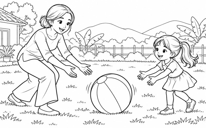 Tranh tô màu mẹ và con gái chơi bóng trên bãi cỏ
