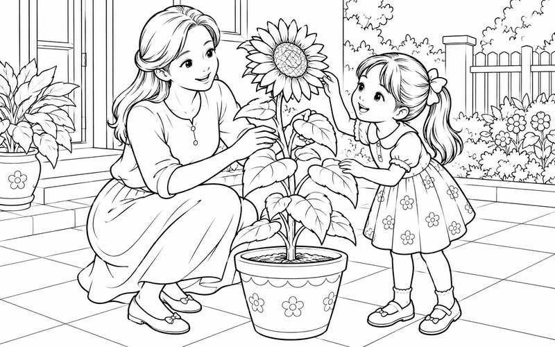 Tranh tô màu mẹ và con gái chăm sóc chậu hoa hướng dương