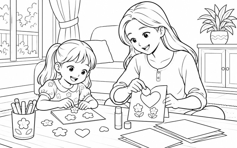 Tranh tô màu mẹ và con gái làm thiệp từ giấy màu