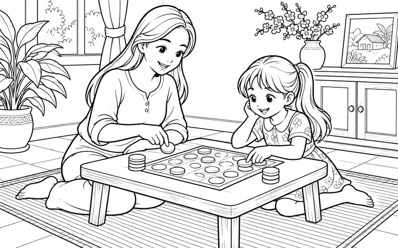 Tranh tô màu mẹ và con gái chơi cờ trên bàn thấp